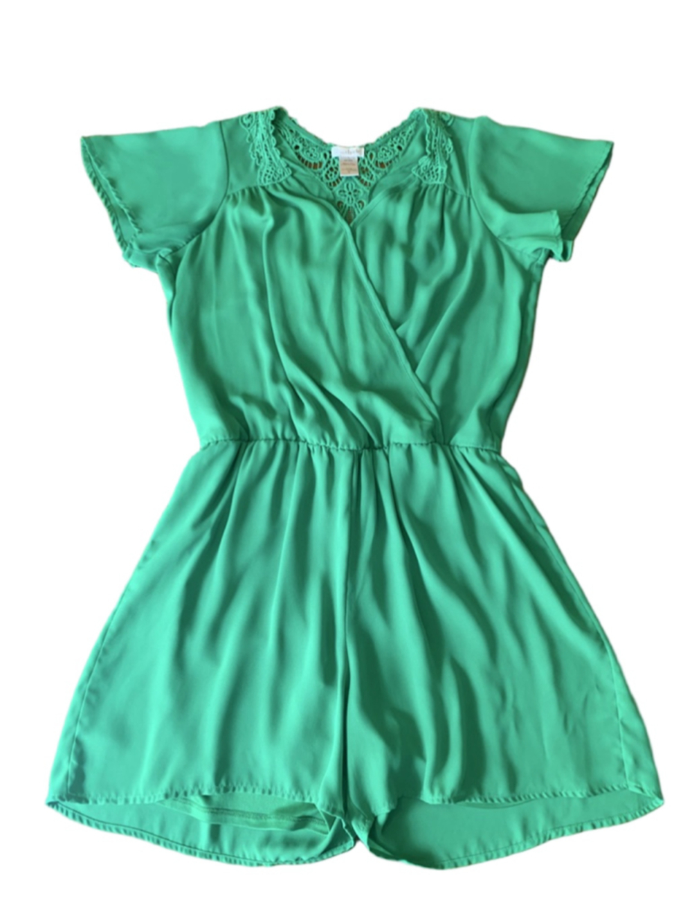 Charming Charlie Romper Large Green Shorts Crochet Back